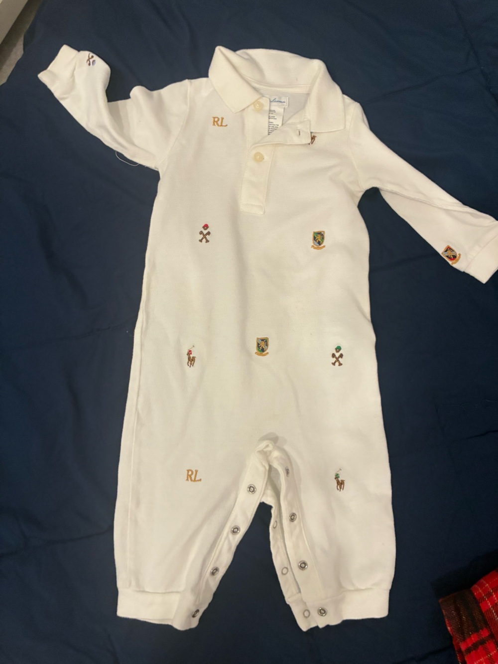 Ralph Lauren White Polo-Style Kids Pajama Top with Multicolor Embroidered Crests